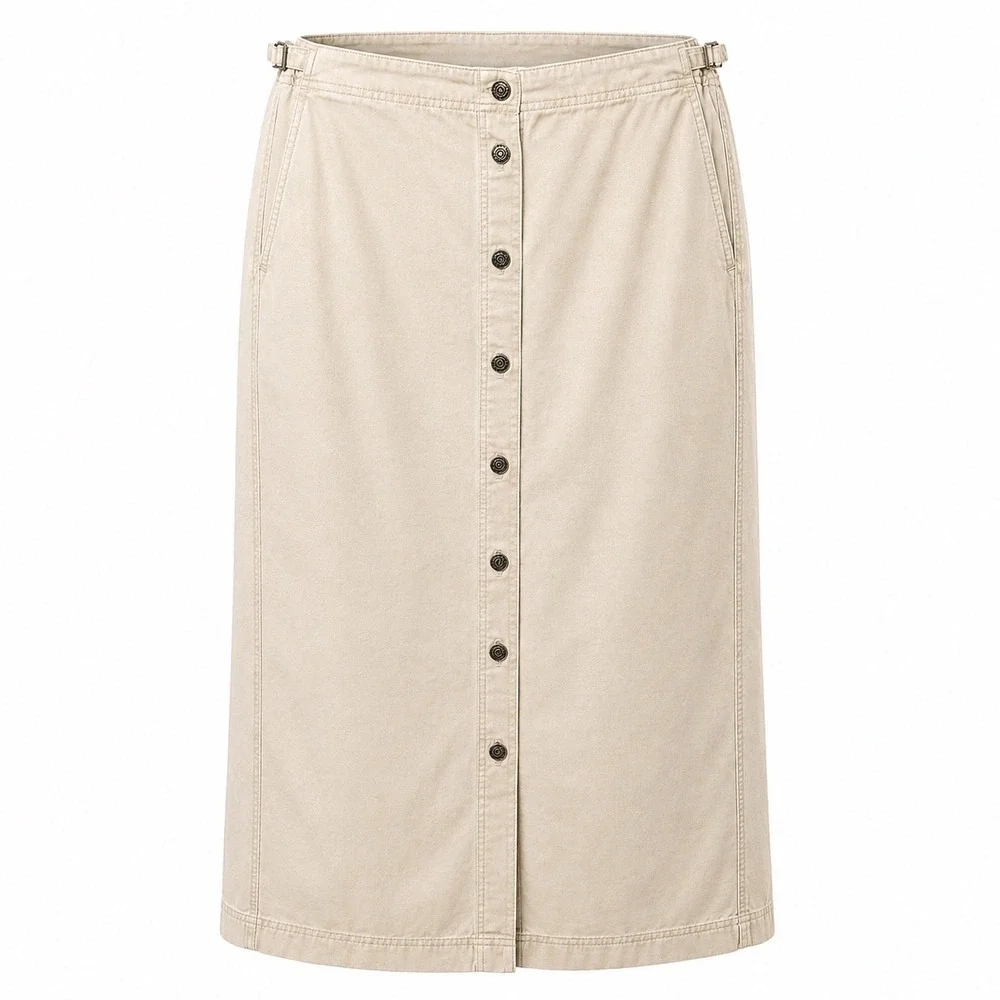 Y2K Lauren Ralph Lauren Cotton Button Front‎ Midi Skirt Size 16 Khaki Cinch Side